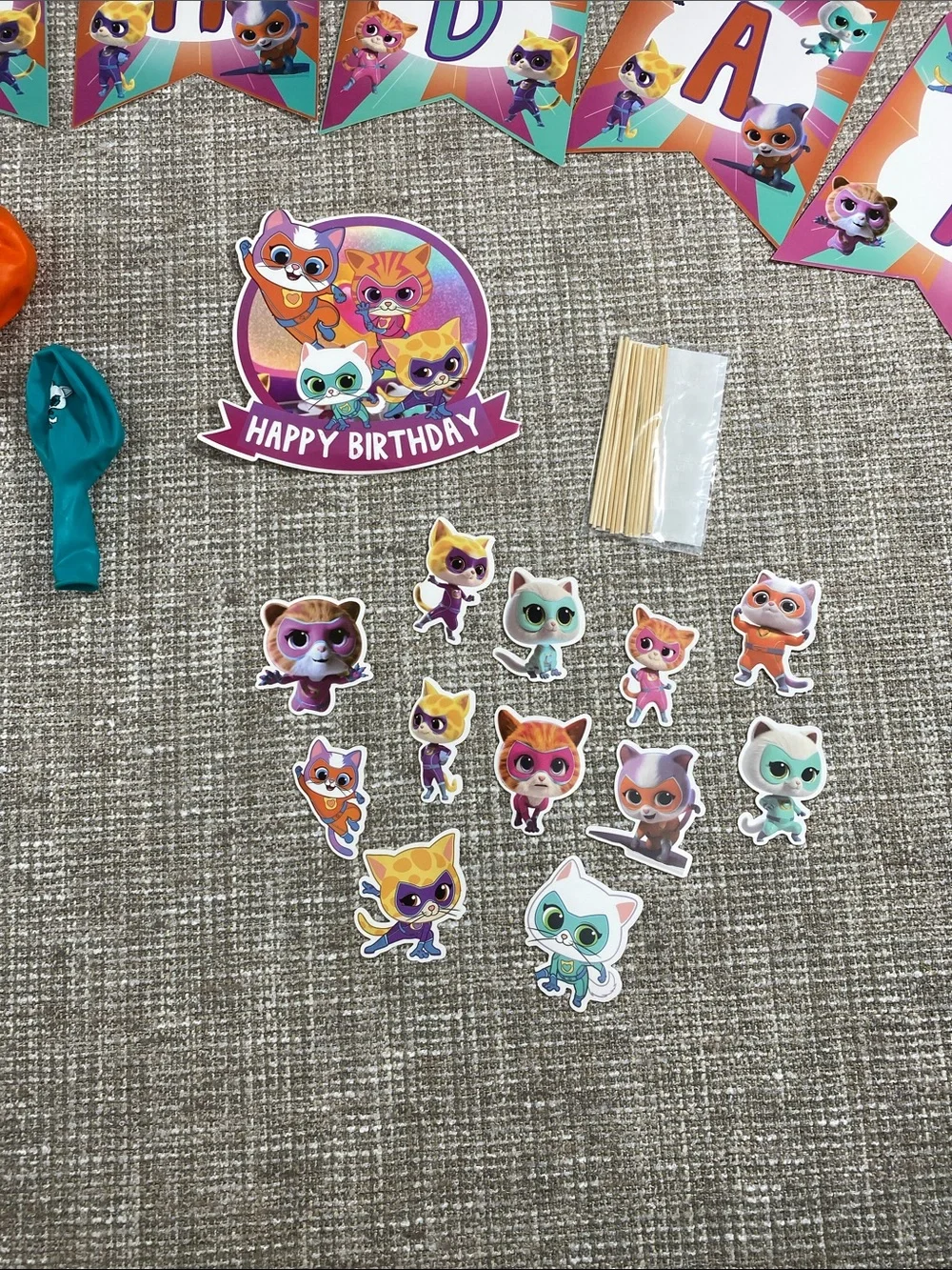 Kids Pink Teal Orange Happy Birthday Party Banner and Decorations cats kittens